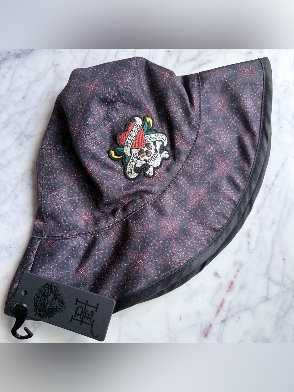 Ed Hardy Embroidered Skull Patch Print Twill Bucket Hat
